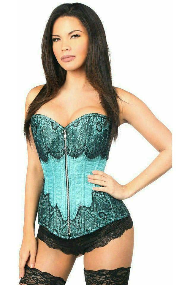 daisy beachwear Top Drawer Teal Brocade Steel Boned Corset w/Black Eyelash Lace