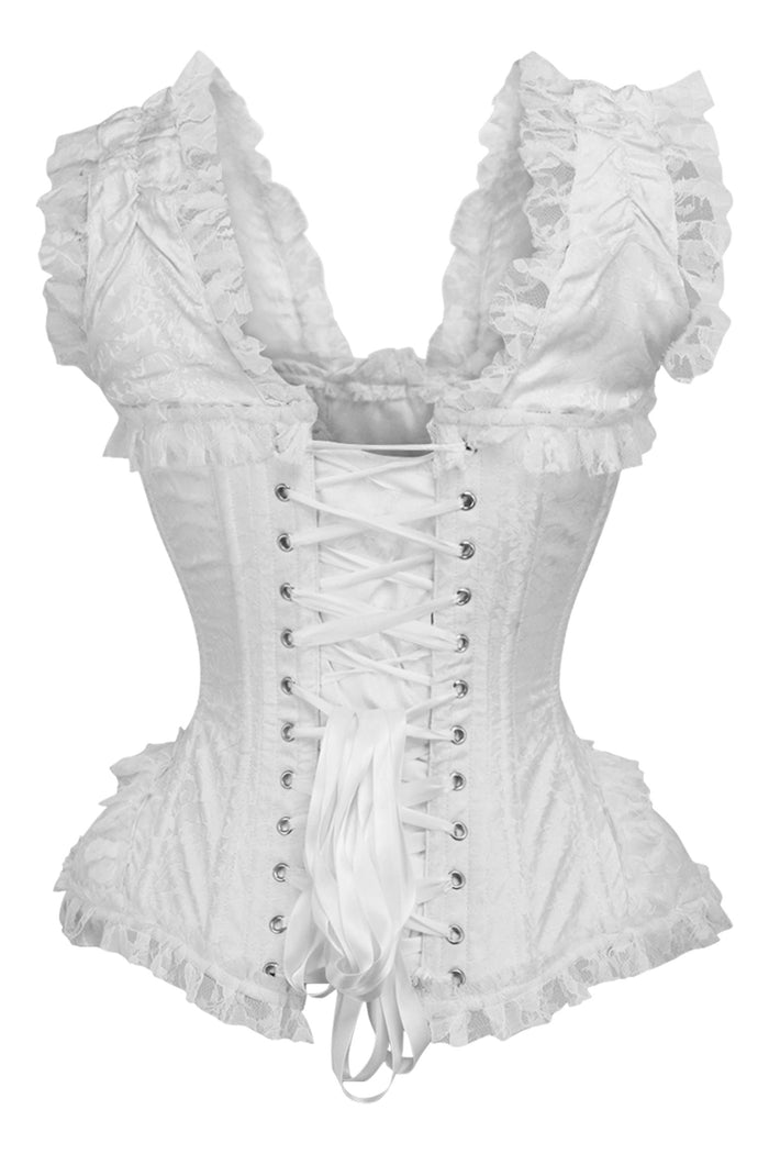 Daisy Beachwear Top Drawer White Brocade & Lace Steel Boned Corset W/Cap Sleeves