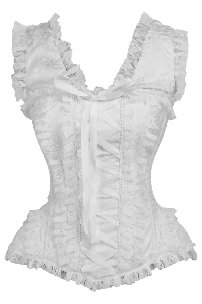 daisy beachwear Top Drawer White Brocade & Lace Steel Boned Corset w/Cap Sleeves