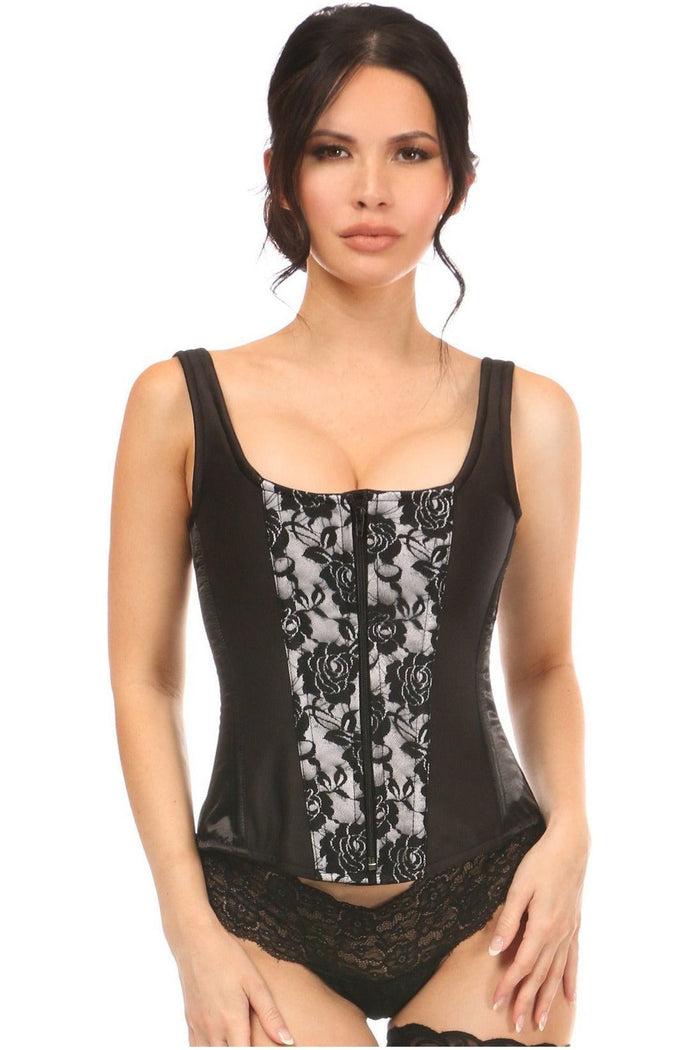daisy beachwear Top Drawer White Satin w/Black Lace Overlay Steel Boned Corset w/Straps