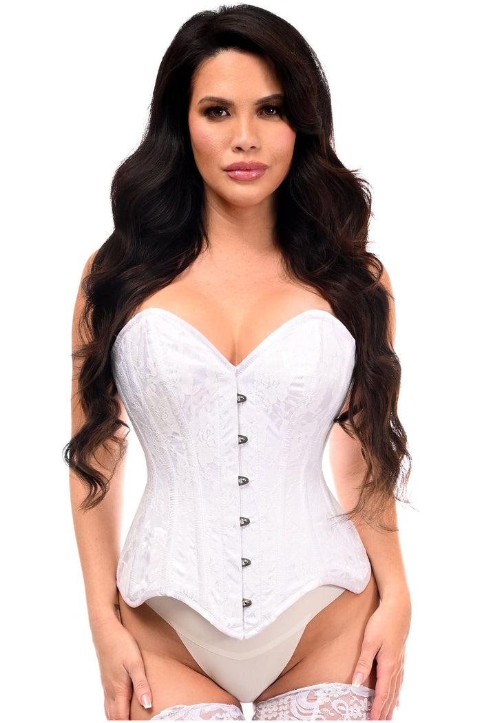 daisy beachwear Top Drawer White Satin w/White Lace Overlay Steel Boned Overbust Corset