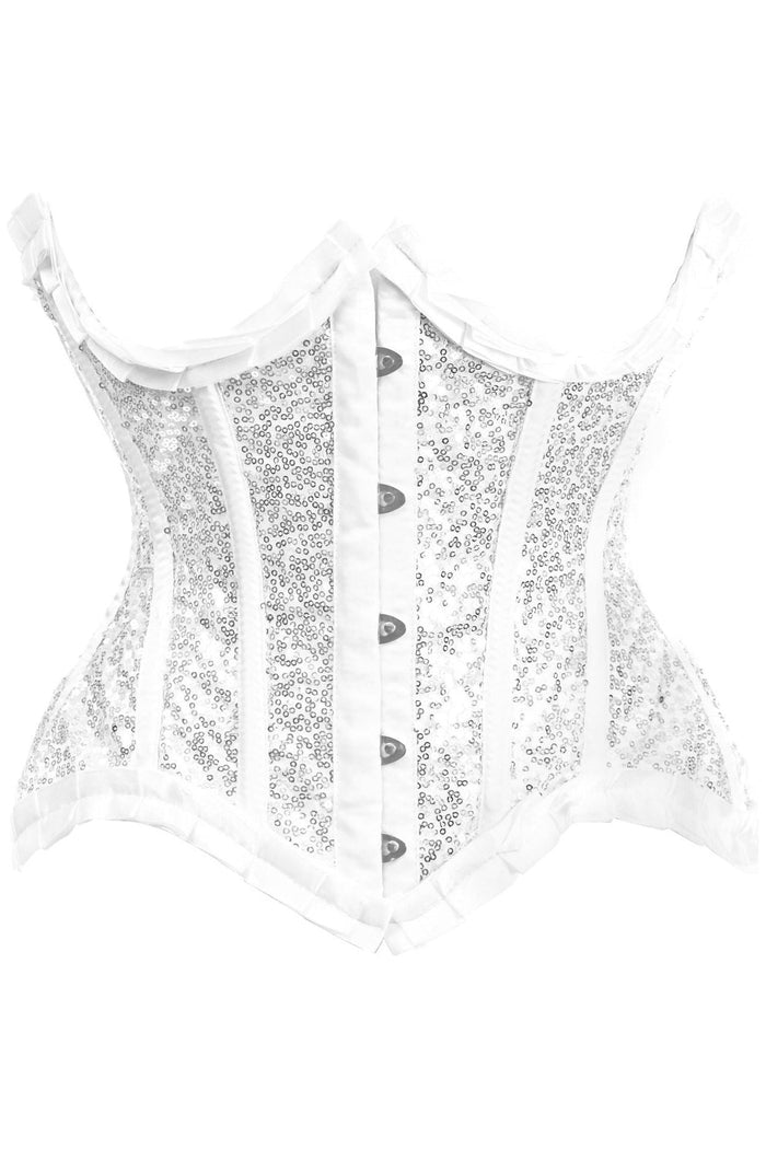 daisy beachwear Top Drawer White/Silver Satin & Sequin Underwire Curvy Cut Steel Boned Waist Cincher Corset