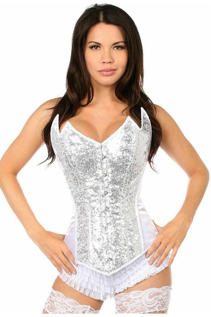 daisy beachwear Top Drawer White/Silver Sequin Pointed Top Steel Boned Corset