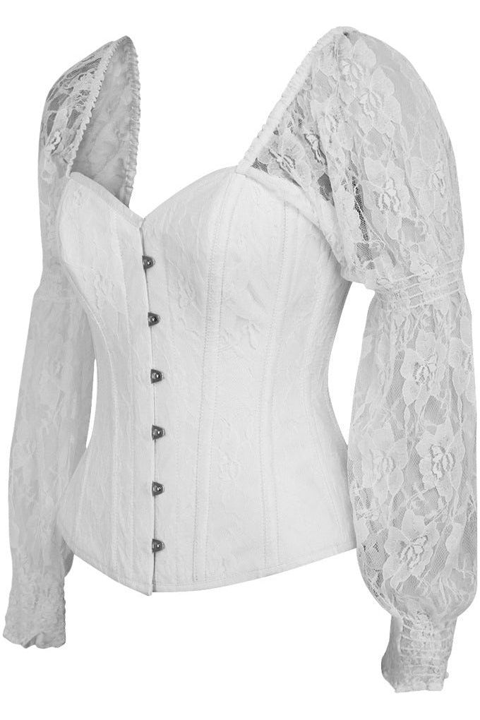 Daisy Beachwear Top Drawer White W/White Lace Steel Boned Long Sleeve Corset
