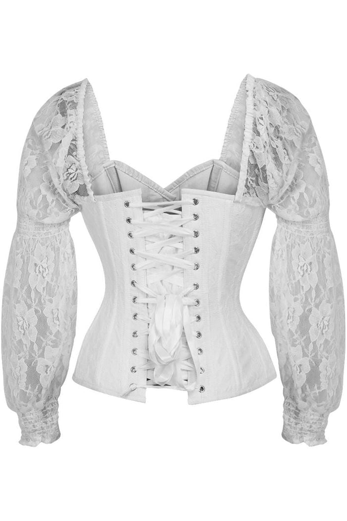 Daisy Beachwear Top Drawer White W/White Lace Steel Boned Long Sleeve Corset