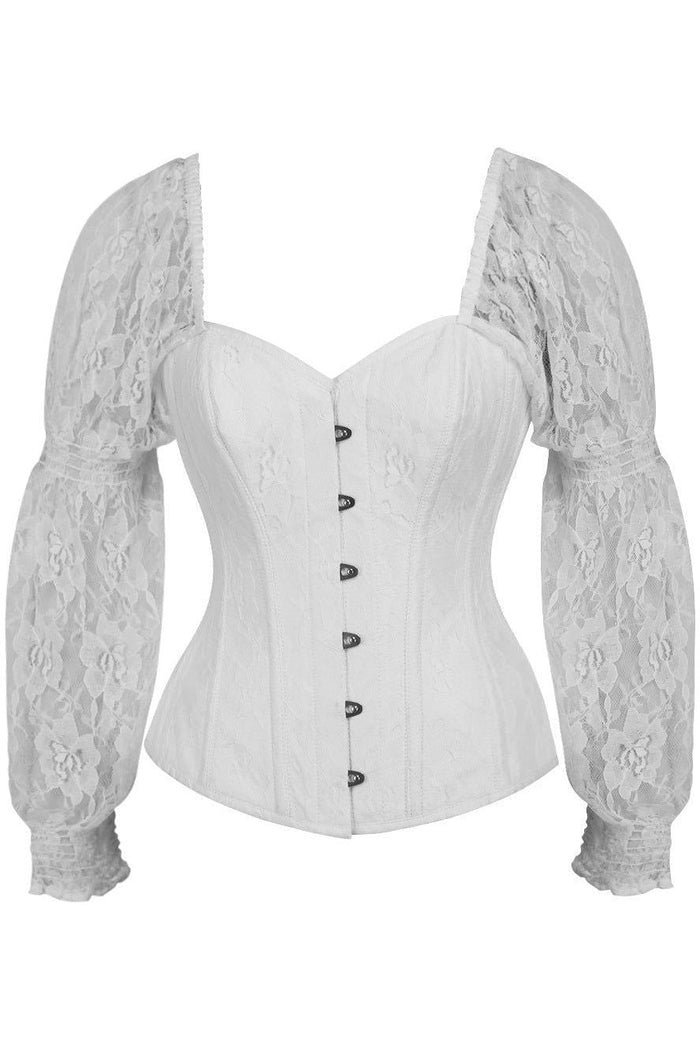 daisy beachwear Top Drawer White w/White Lace Steel Boned Long Sleeve Corset