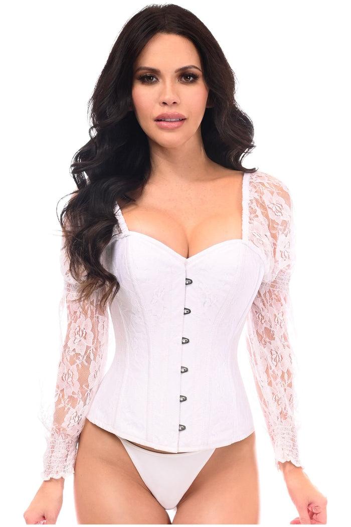 daisy beachwear Top Drawer White w/White Lace Steel Boned Long Sleeve Corset