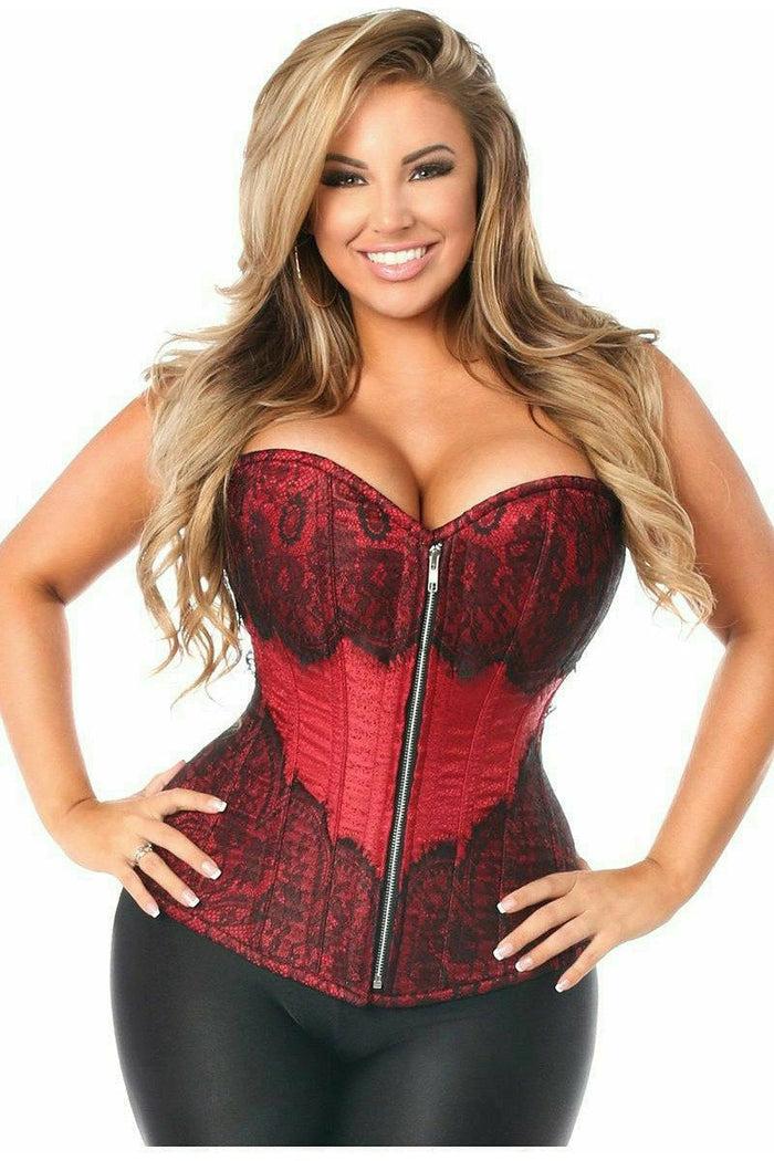 daisy beachwear Top Drawer Wine Brocade Steel Boned Corset w/Black Eyelash Lace