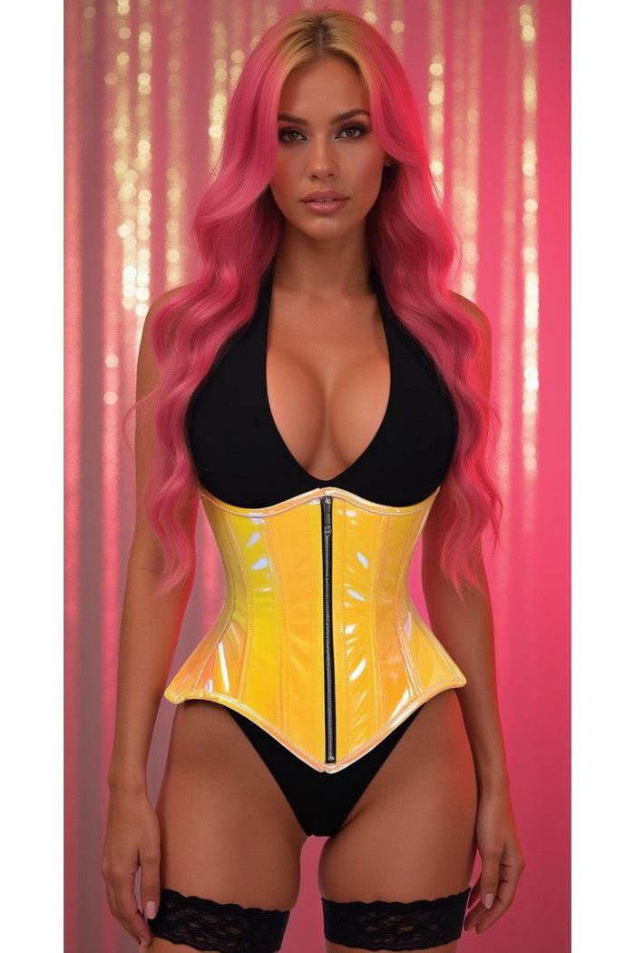 Daisy Beachwear Top Drawer Yellow/Pink Holo Double Steel Boned Underbust Waist Cincher Corset