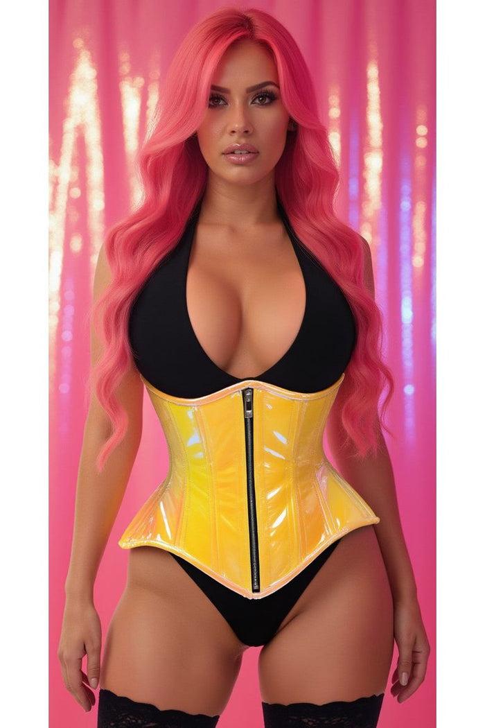 Daisy Beachwear Top Drawer Yellow/Pink Holo Double Steel Boned Underbust Waist Cincher Corset