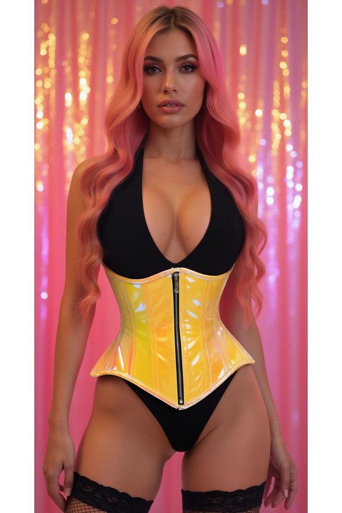 Daisy Beachwear Top Drawer Yellow/Pink Holo Double Steel Boned Underbust Waist Cincher Corset