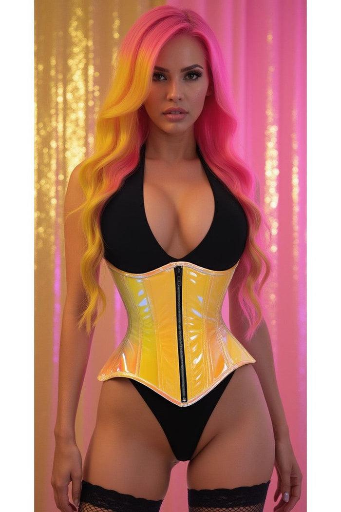 daisy beachwear Top Drawer Yellow/Pink Holo Double Steel Boned Underbust Waist Cincher Corset