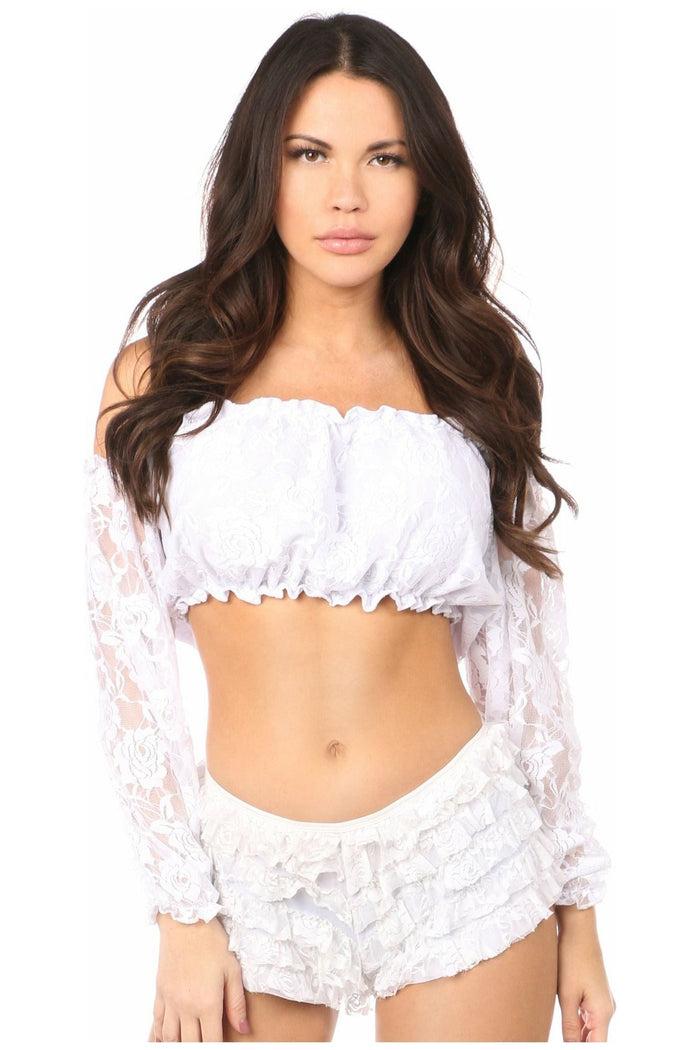 daisy beachwear White Lined Lace Long Sleeve Peasant Top