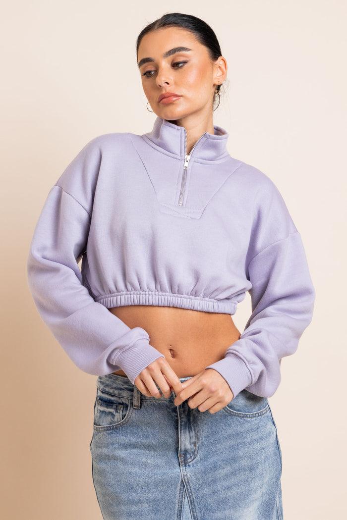 Daisy Street Daisy Street 1/4 Zip Elastic Waist Crop Sweater In Misty Lilac