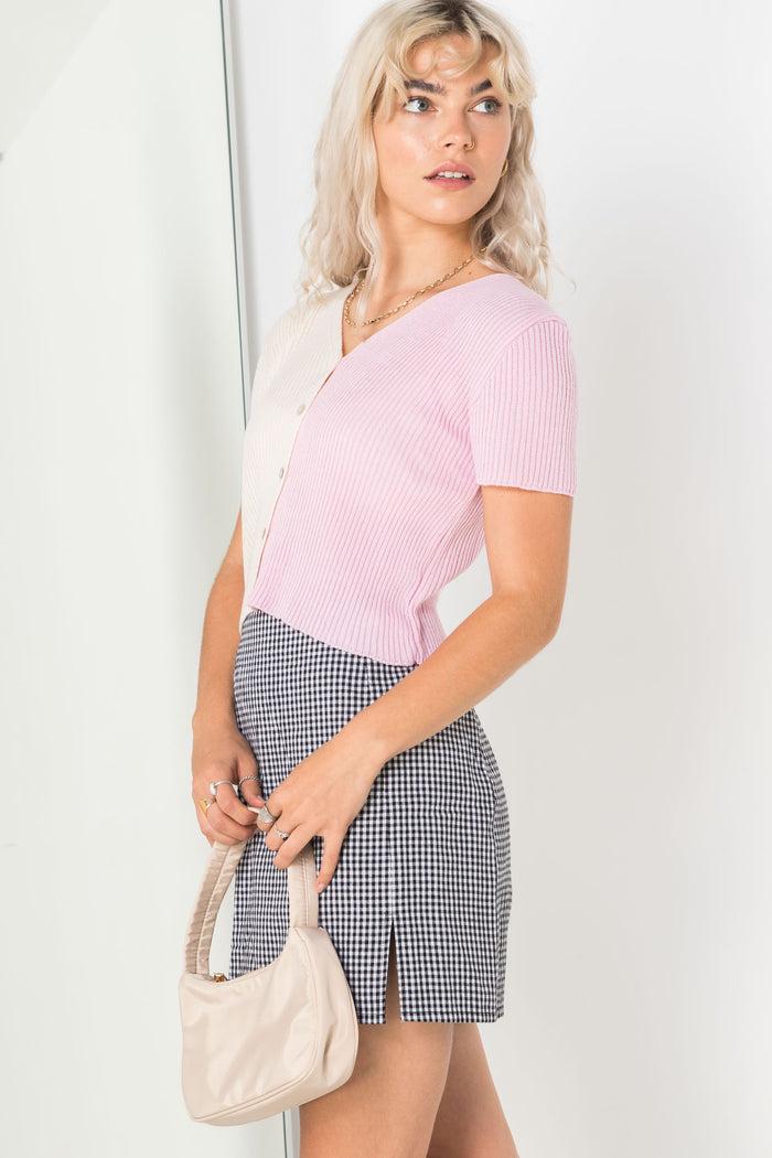 Daisy Street Daisy Street 90's Cropped Spliced Cardigan In Pink