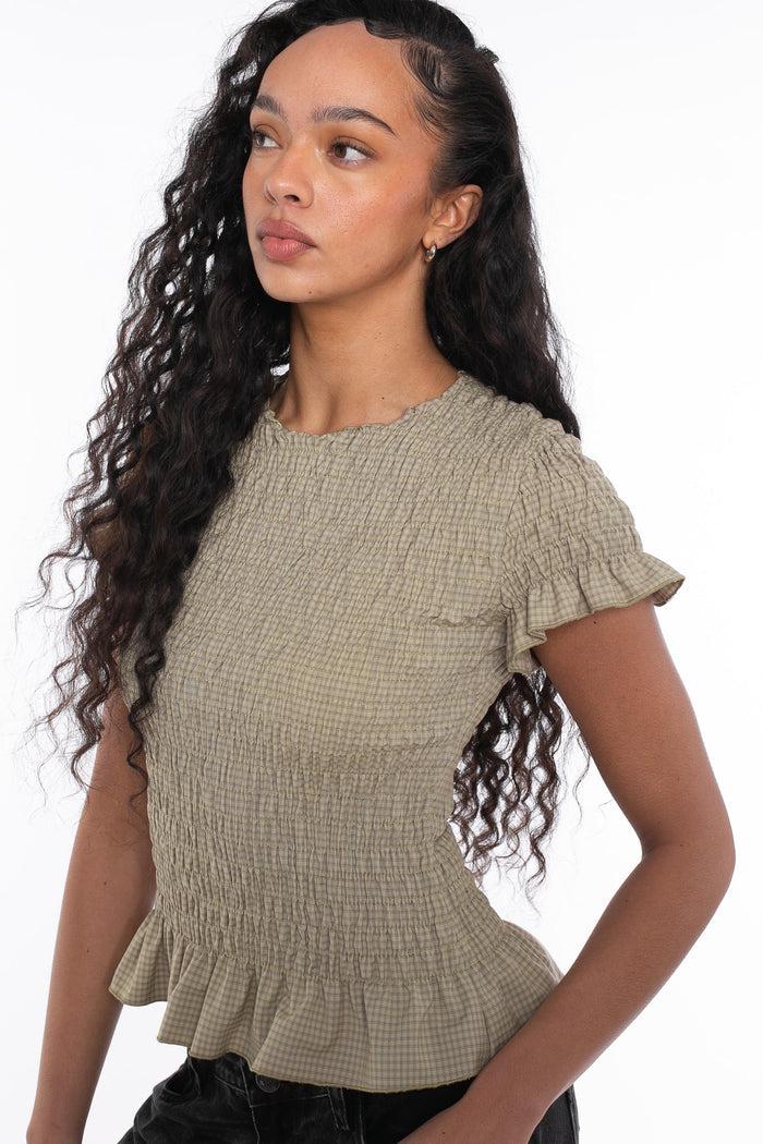 Daisy Street Daisy Street Beige Check Shirred Short Sleeve Top