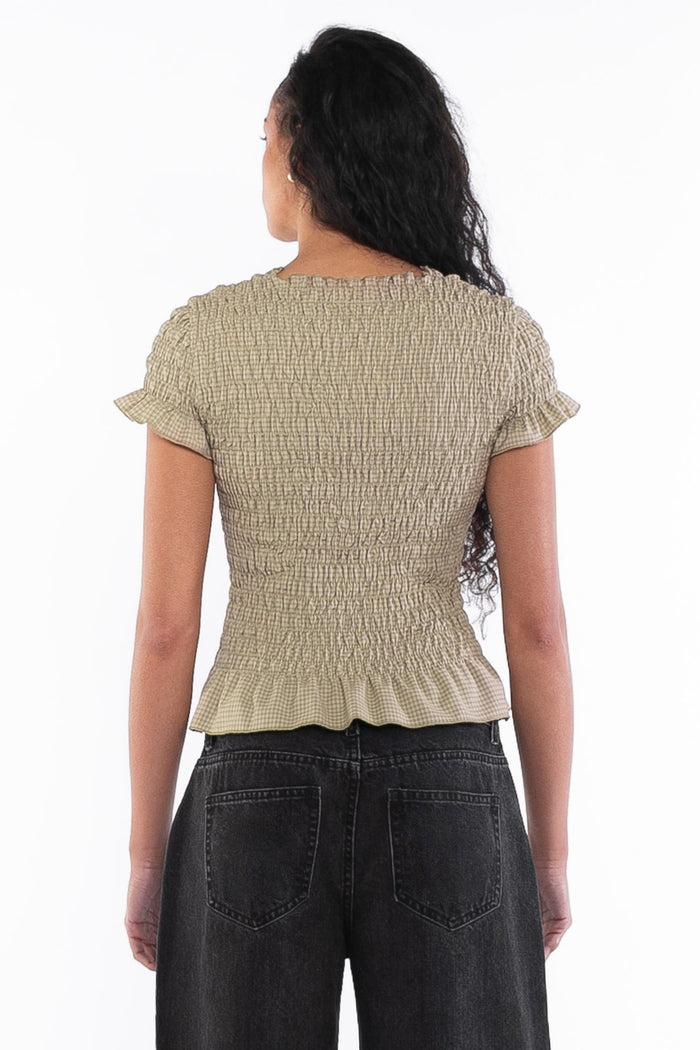 Daisy Street Daisy Street Beige Check Shirred Short Sleeve Top
