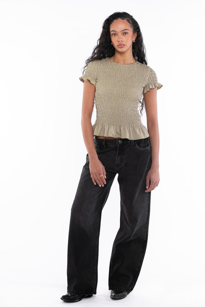 Daisy Street Daisy Street Beige Check Shirred Short Sleeve Top