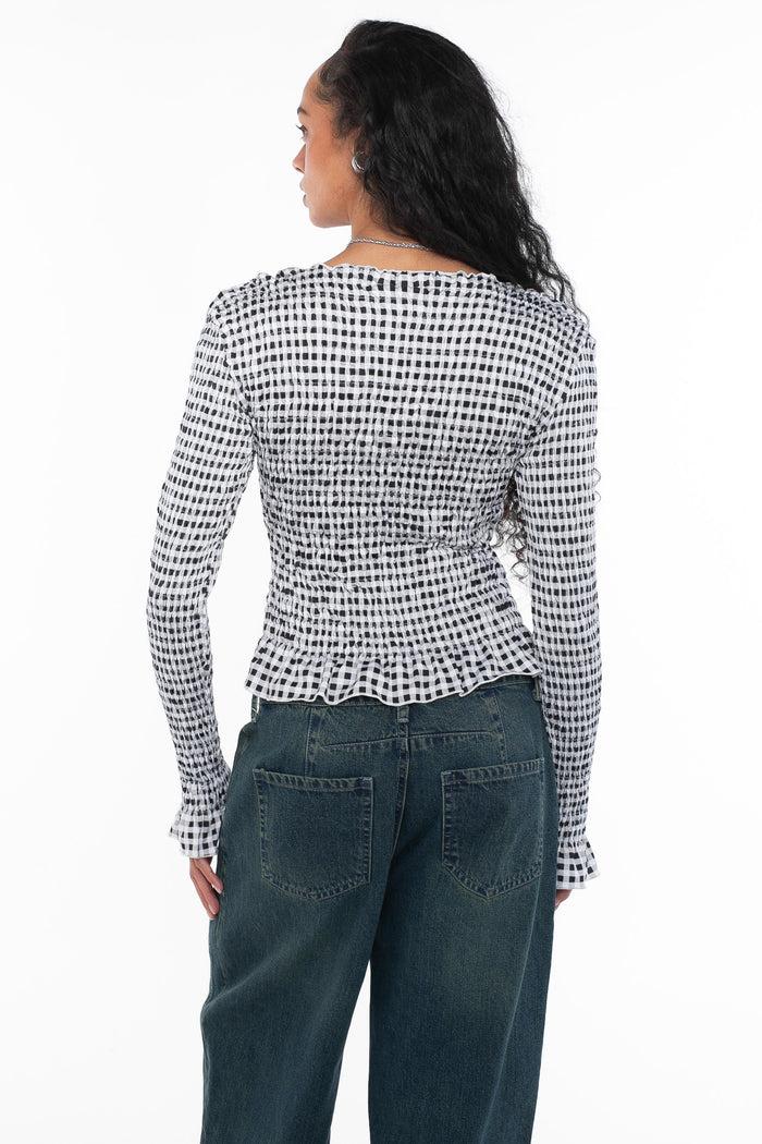 Daisy Street Daisy Street Check Long Sleeve Shirred Top