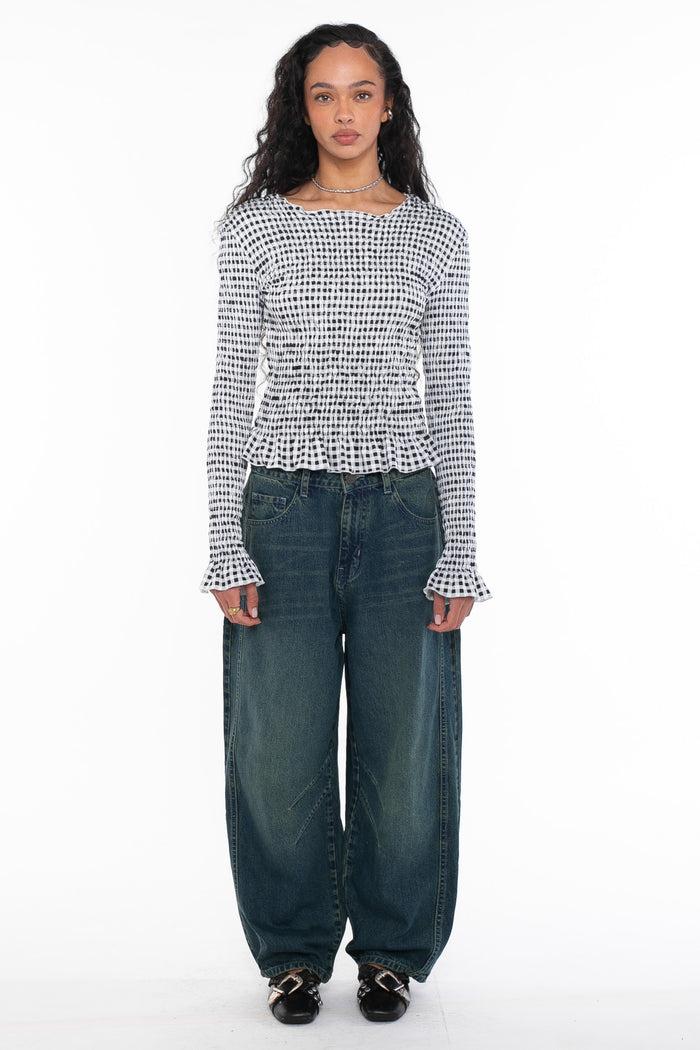 Daisy Street Daisy Street Check Long Sleeve Shirred Top