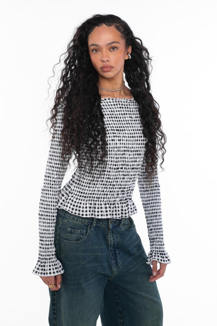 daisy street Daisy Street Check Long Sleeve Shirred Top