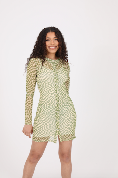 daisy street Daisy Street Checkerboard Long Sleeve Mesh Dress