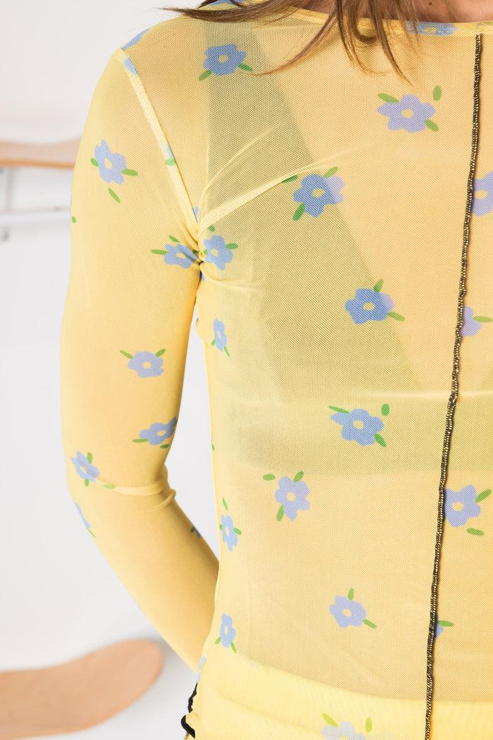 Daisy Street Daisy Street Contrast Seam Yellow Mesh Top Print