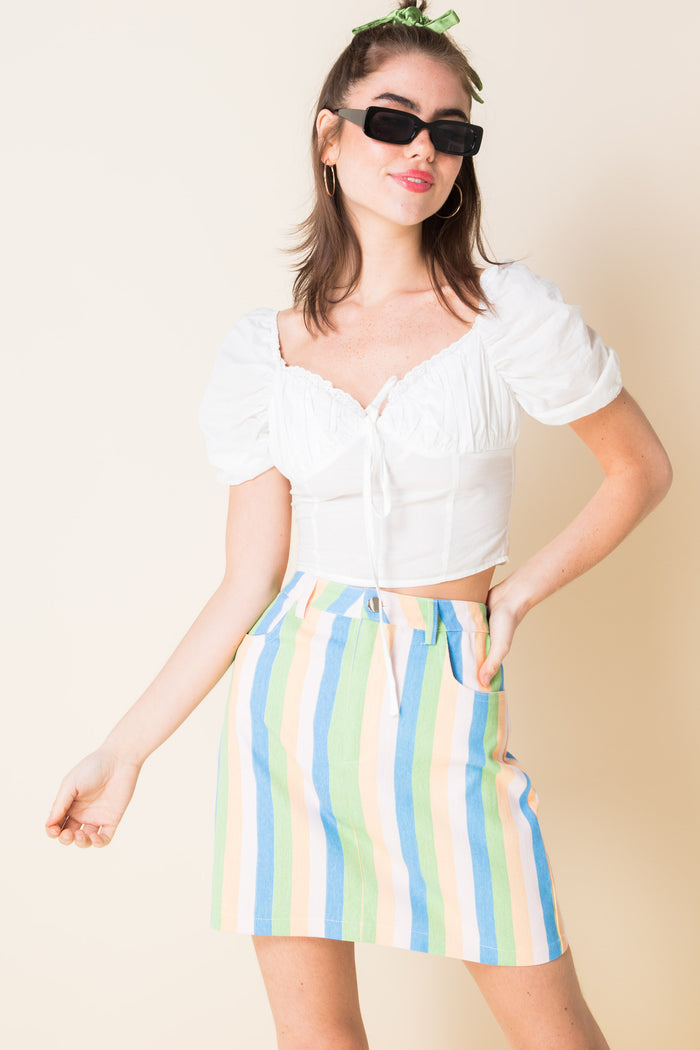 daisy street Daisy Street Denim Mini Skirt in Pastel Rainbow Stripe