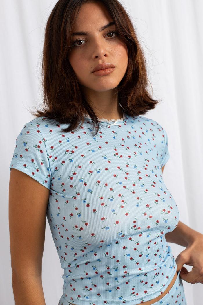 Daisy Street Daisy Street Ditsy Ribbed Jersey Baby Tee With Lace Trim