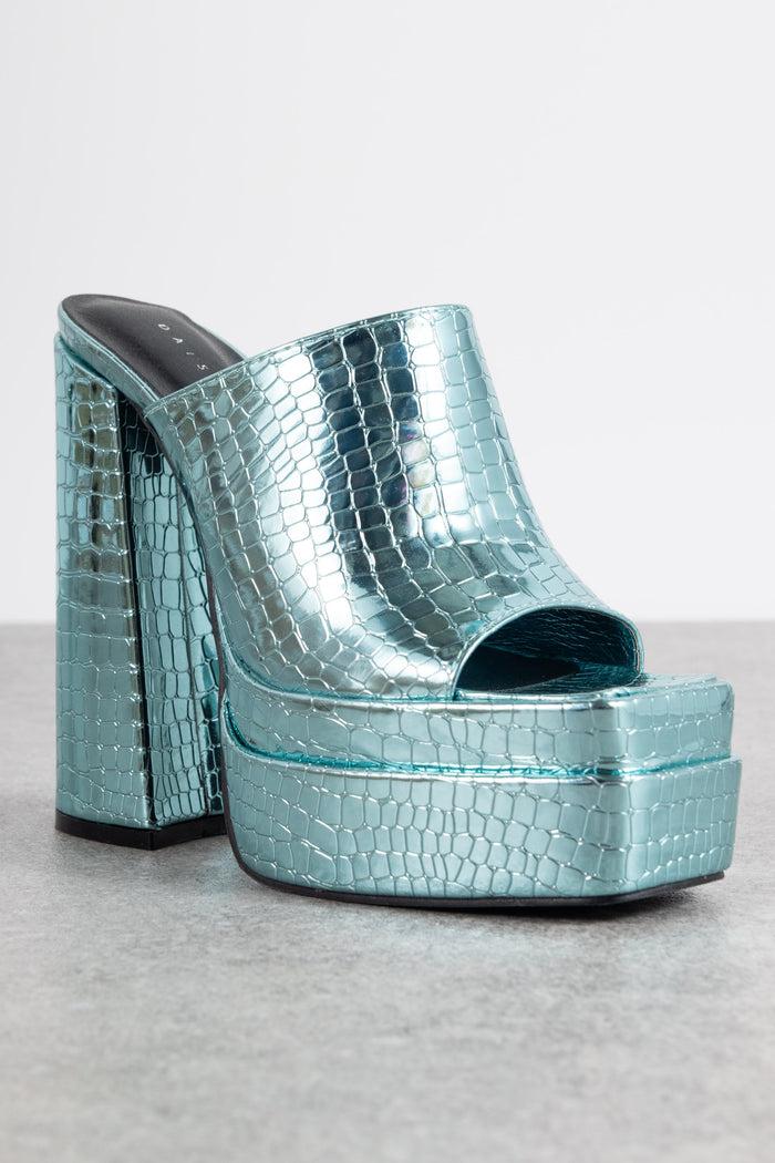 Daisy Street Daisy Street Exclusive Platform Mule Sandals In Blue Croc Metallic