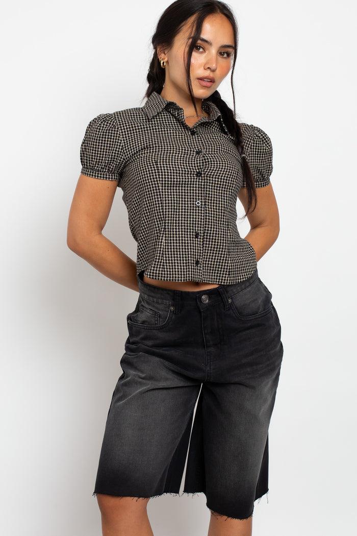 Daisy Street Daisy Street Fitted Check Shirt With Puff Sleeve