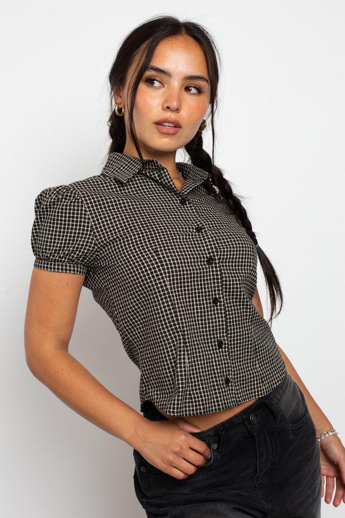 daisy street Daisy Street Fitted Check Shirt With Puff Sleeve