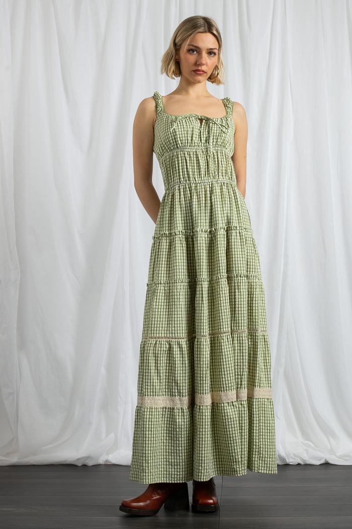 daisy street Daisy Street Gingham Check Milkmaid Tiered Maxi Dress