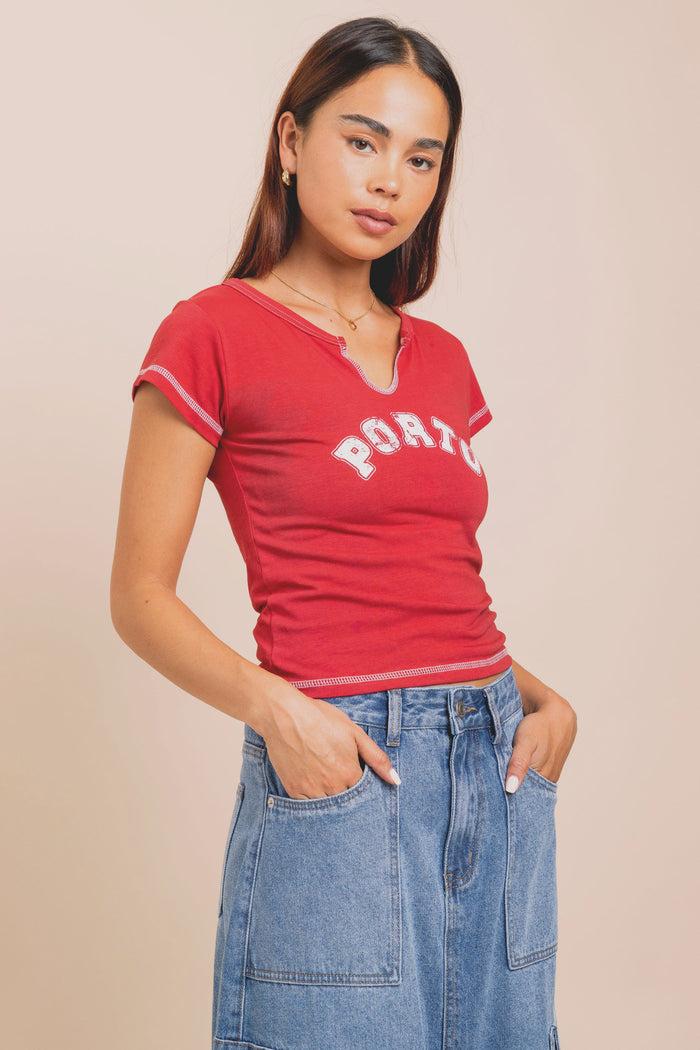 daisy street Daisy Street Jersey Notched Top With Porto Print