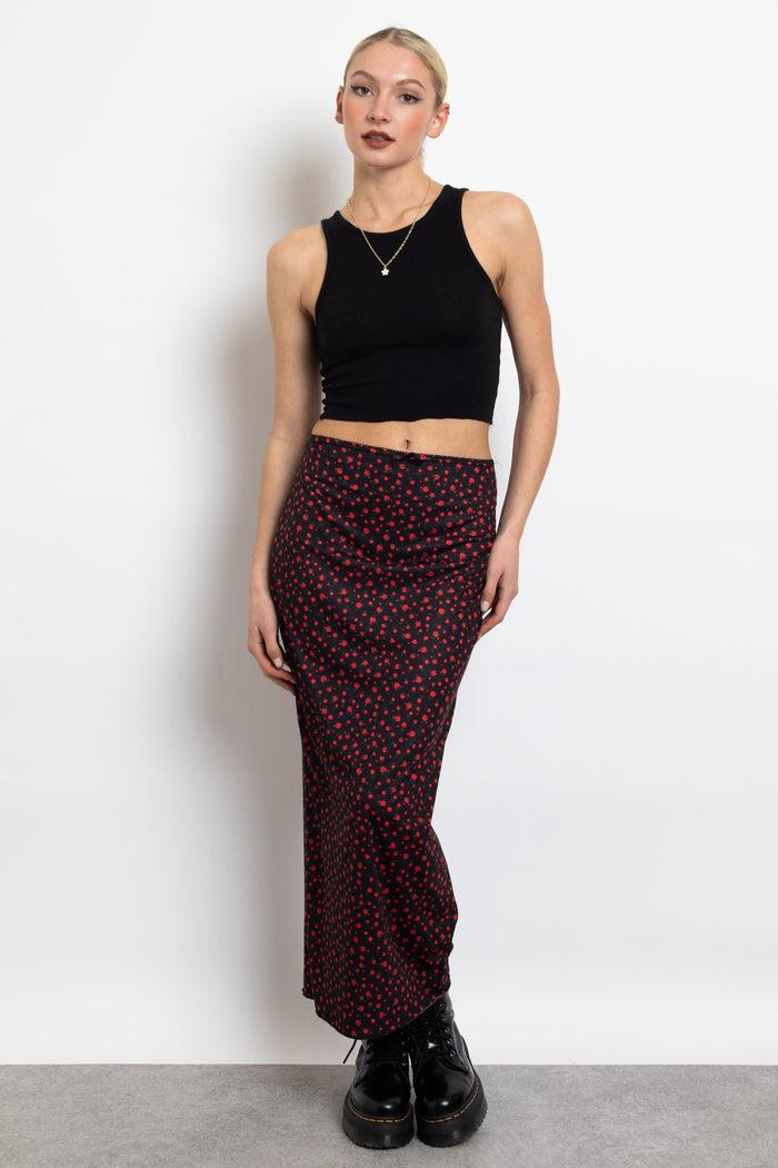 daisy street Daisy Street Knitted Midi Skirt in Ditsy Red Floral