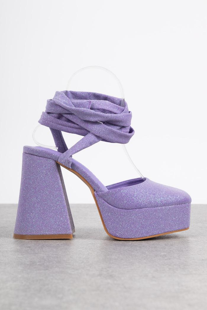 daisy street Daisy Street Platform Flared Heeled Shoes in Lilac Glitter