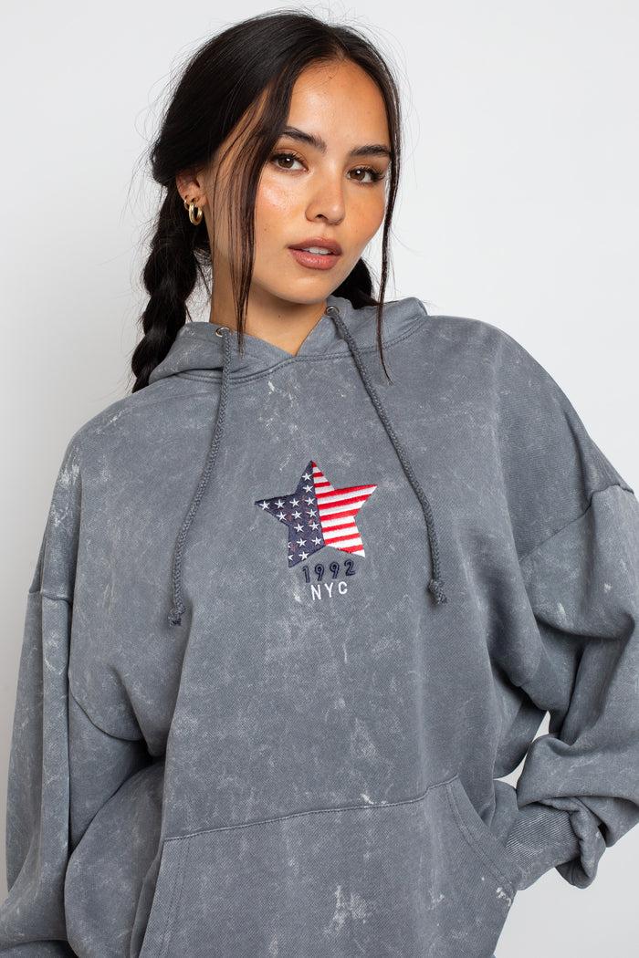 Daisy Street Daisy Street Pull Over Hoodie With Star Flag Embroidery