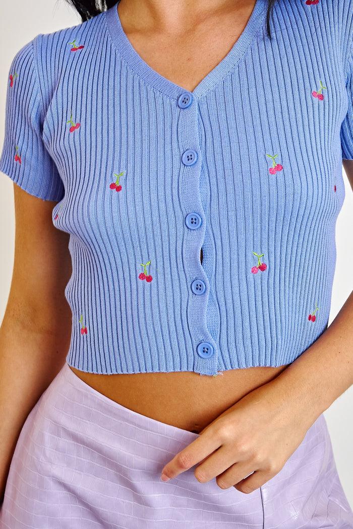 Daisy Street Daisy Street Short Sleeve Ribbed Cardigan With Embroidered Cherries