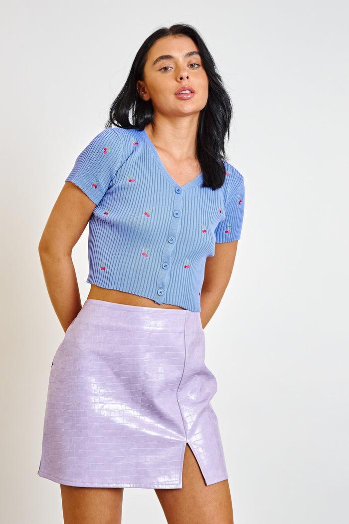 Daisy Street Daisy Street Short Sleeve Ribbed Cardigan With Embroidered Cherries