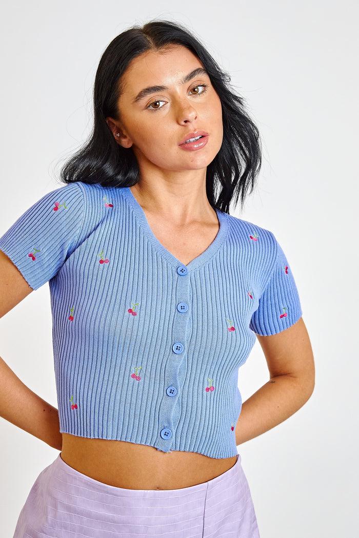 daisy street Daisy Street Short Sleeve Ribbed Cardigan With Embroidered Cherries