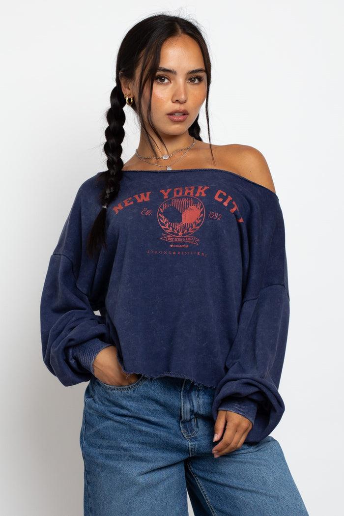 daisy street Daisy Street Slashed Neck Sweat With New York City Graphic