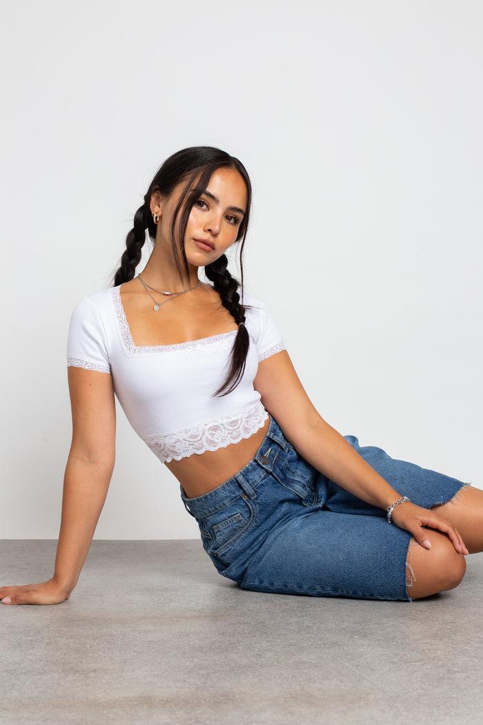 daisy street Daisy Street Square Neck Top With Lace Trim Detailing