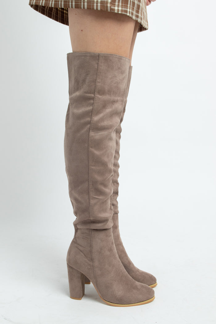 Daisy Street Daisy Street Taupe Heeled Over The Knee Boots In Faux Suede