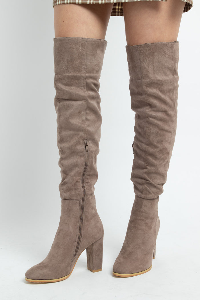 Daisy Street Daisy Street Taupe Heeled Over The Knee Boots In Faux Suede