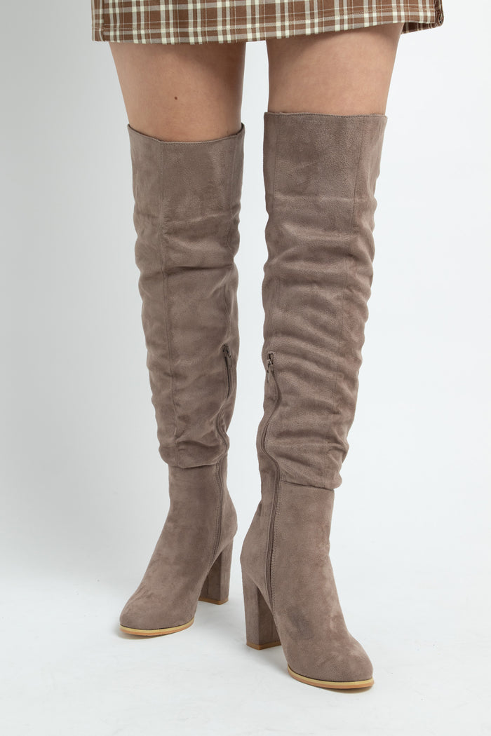 daisy street Daisy Street Taupe Heeled Over the Knee Boots in Faux Suede