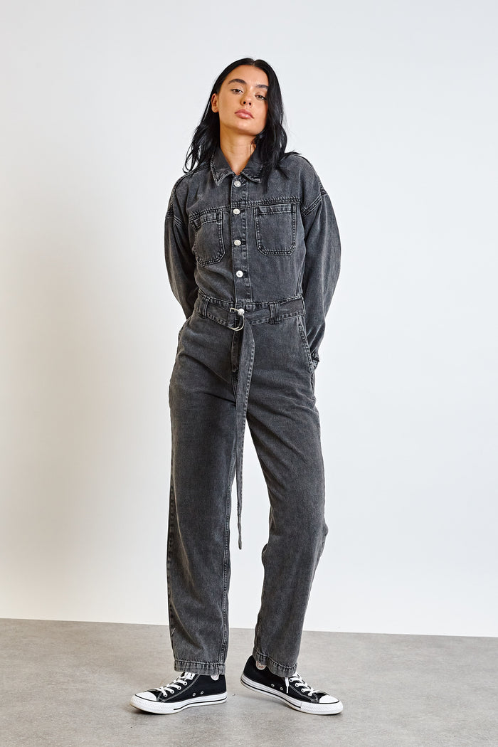 Daisy Street Daisy Street Washed Black Denim Cargo Jumpsuit