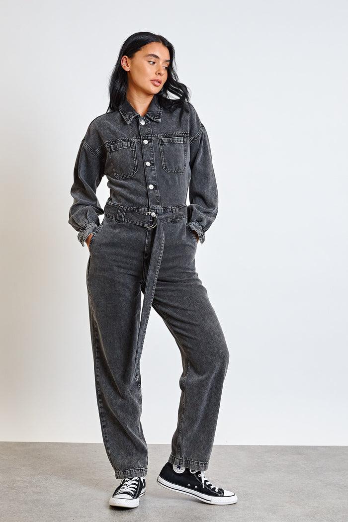 daisy street Daisy Street Washed Black Denim Cargo Jumpsuit