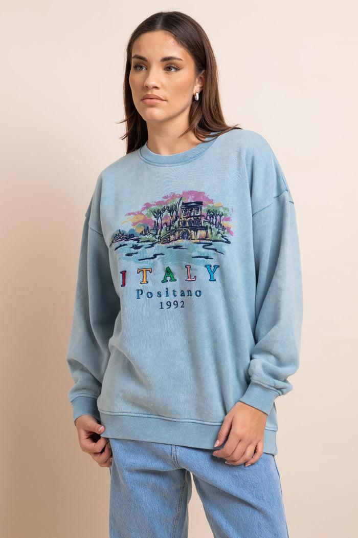 Daisy Street Daisy Street Washed Blue Sweat With Print & Embroidery