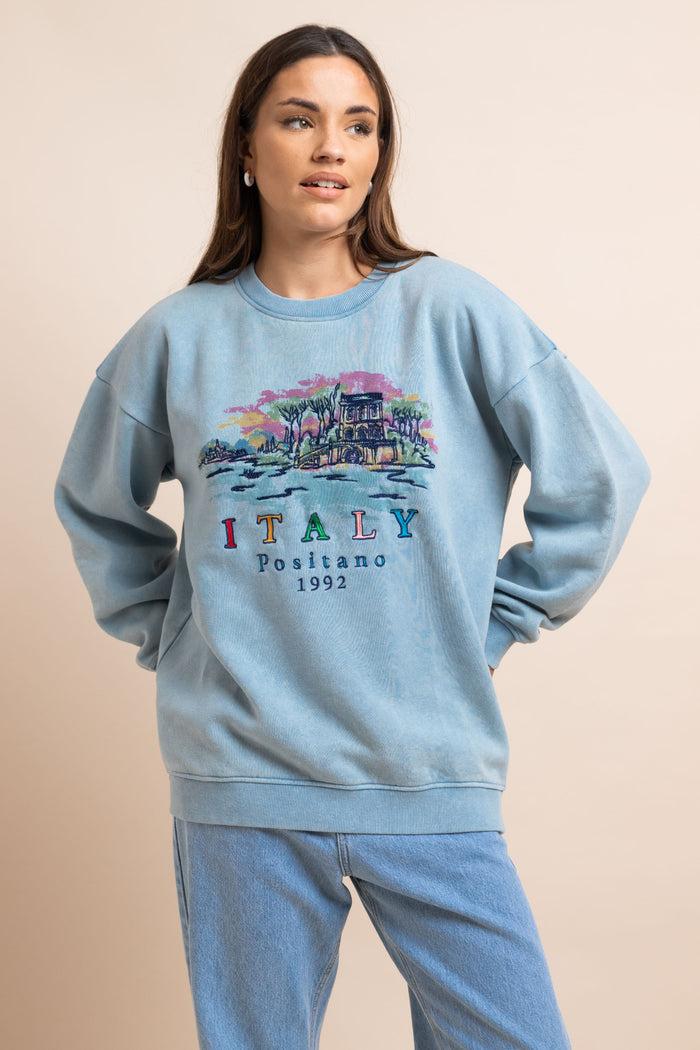 daisy street Daisy Street Washed Blue Sweat With Print & Embroidery
