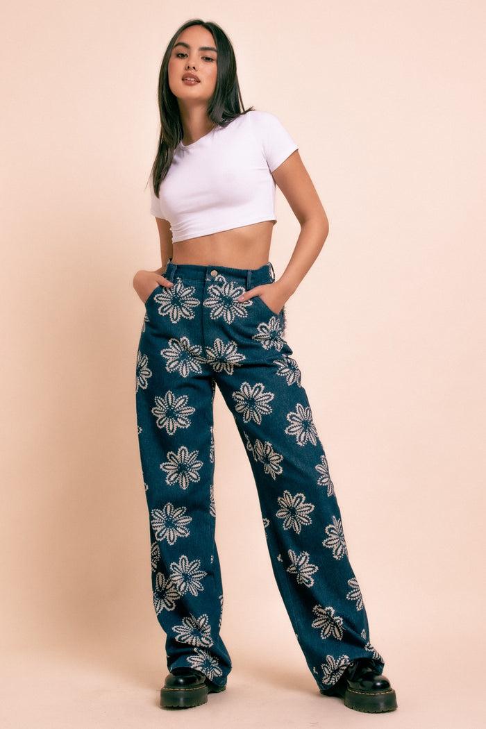 daisy street Daisy Street Wide Leg Printed Denim Jeans